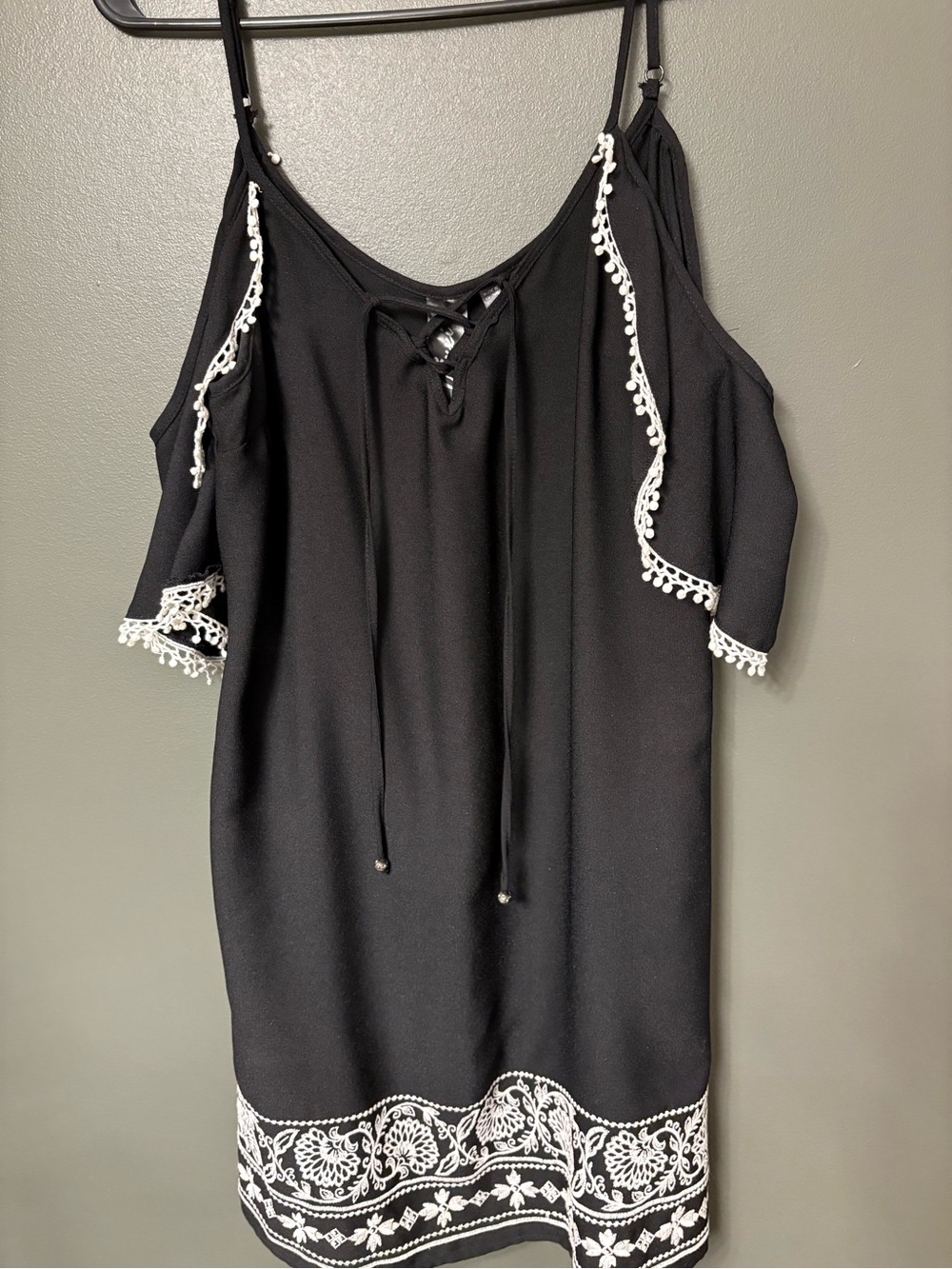 Trixxi Black Cold-Shoulder Dress with White Embroidery